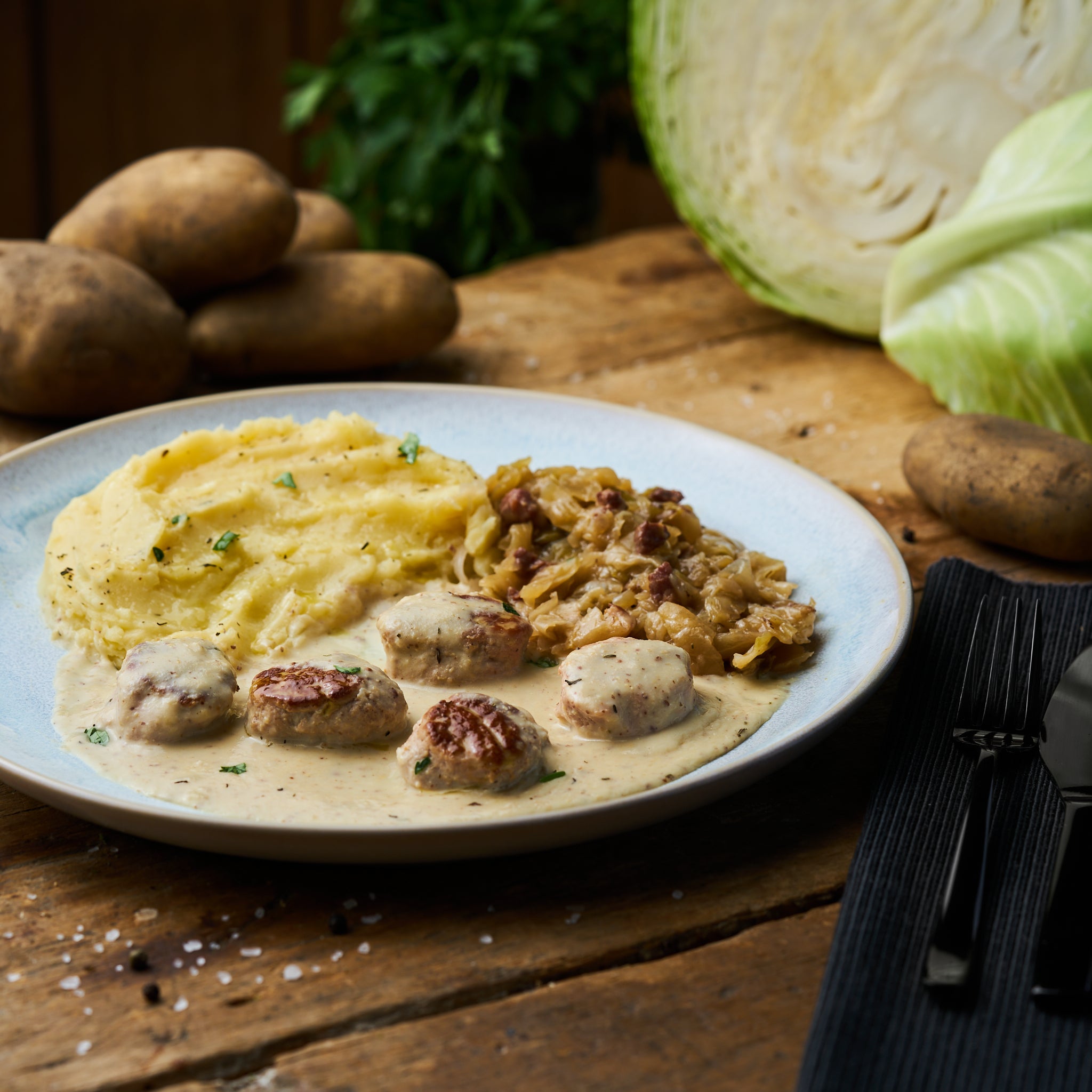 Fleischkäsebällchen in süßer Senfsauce mit Bayrisch Kraut und Kartoffelstampf